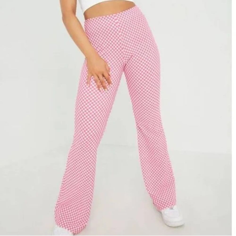 Garage Odessa High-Rise Flared Leg Stretch Pants Pink & White Checkered Size XL